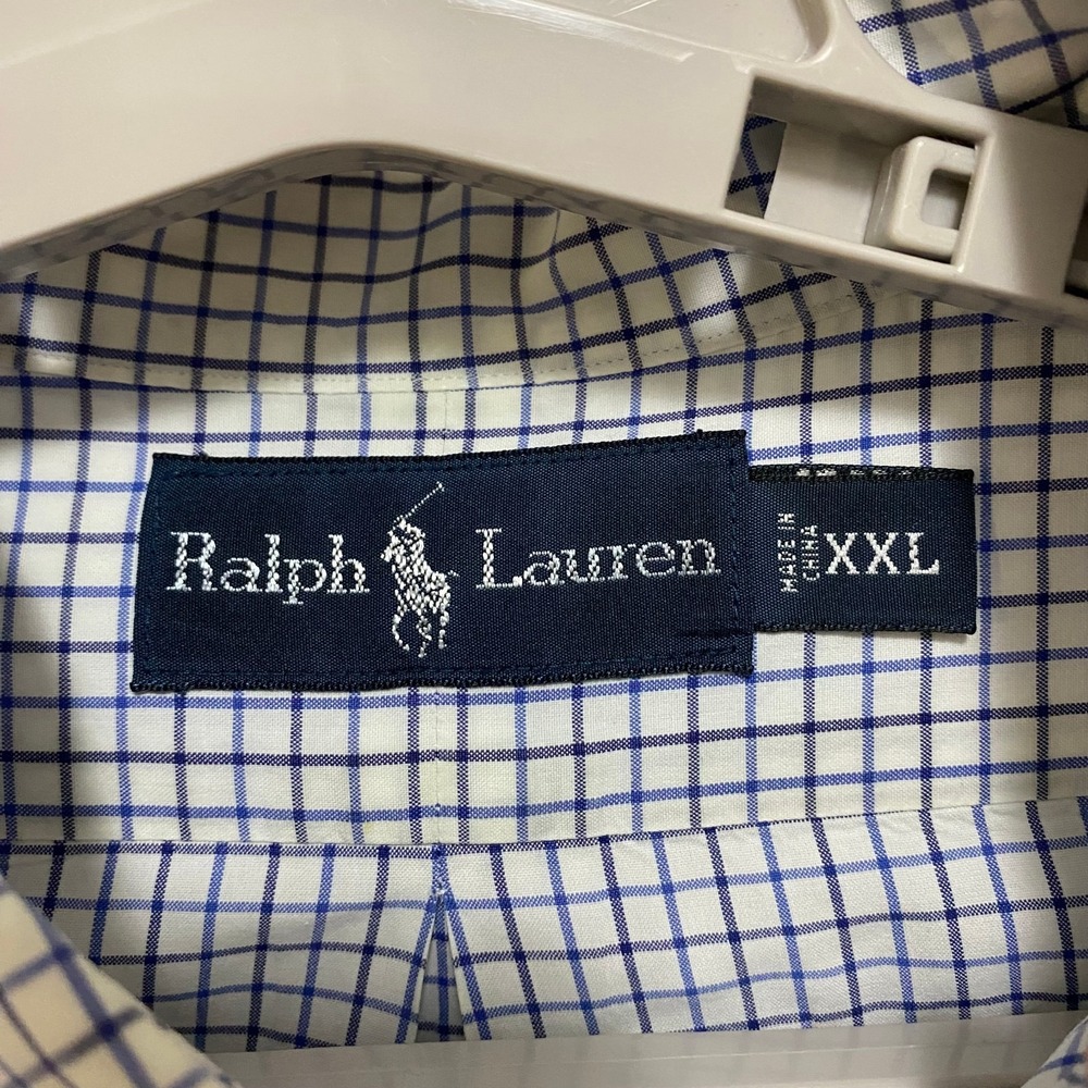 Ralph Lauren Men's XXL White Blue Check Long Sleeve 100% Cotton Button Up Shirt - Picture 4 of 7
